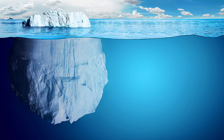Eisberg auf Gewässer, Eisberg, Meer, Split View, digitale Kunst, Unterwasser, HD-Hintergrundbild