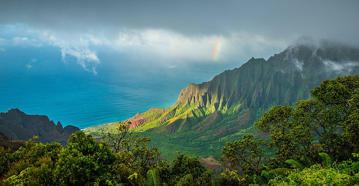 Kalalau Trail, Hawaii, Kauai, Samudra Pasifik, awan, pegunungan, Wallpaper HD