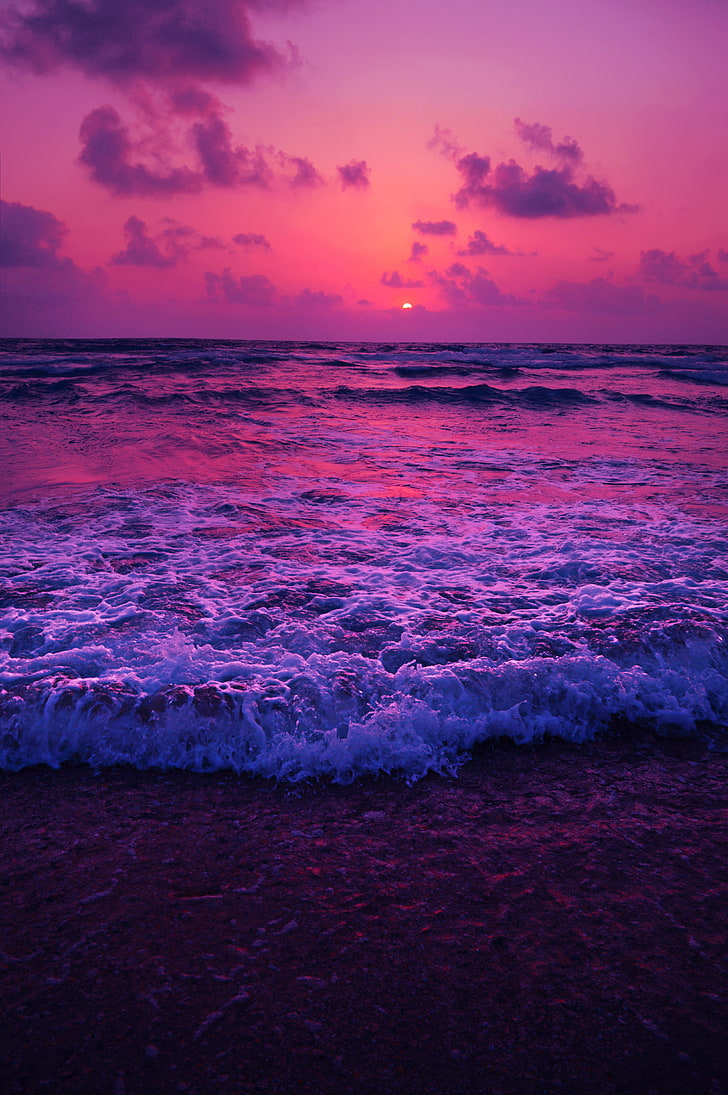 foto del tramonto, mare, tramonto, orizzonte, surf, schiuma, Sfondo HD, sfondo telefono