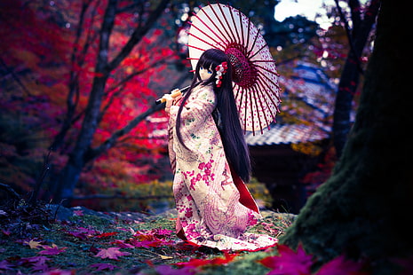  umbrella, hair, Japanese, doll, kimono, HD wallpaper HD wallpaper