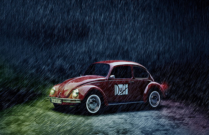 Coche fundido a presión rojo y blanco, Volkswagen, vehículo, coche, lluvia, Volkswagen Beetle, Duff, Fondo de pantalla HD