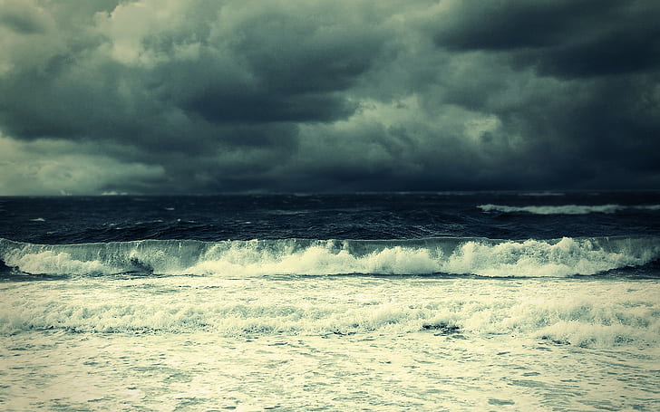 Beach, Sea, Stormy, Waves, Clouds, beach, sea, stormy, waves, clouds, HD wallpaper