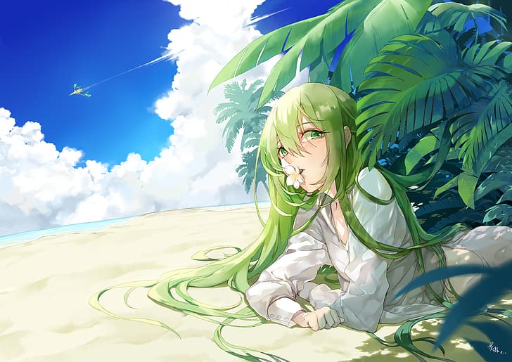 Fate/Grand Order, Fate Series, FGO, 2D, anime boys, femboy, long hair, green hair, men outdoors, beach, clouds, sunlight, open mouth, white flowers, looking at viewer, anime, Enkidu (FGO), green eyes, lying on front, bangs, hair in face, ocean view, long sleeves, clear sky, fan art, blushing, open shirt, white clothing, curvy, arched back, plants, dappled sunlight, HD wallpaper