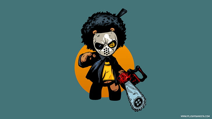 Gangster Teddy Bear Chainsaw Mask Afro HD, cartoon/comic, bear, mask, teddy, chainsaw, gangster, afro, HD wallpaper