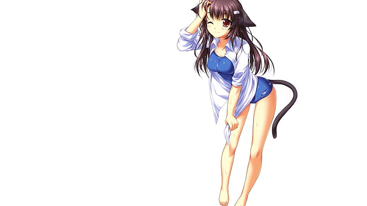cat girl, nekomimi, school swimsuits, HD wallpaper