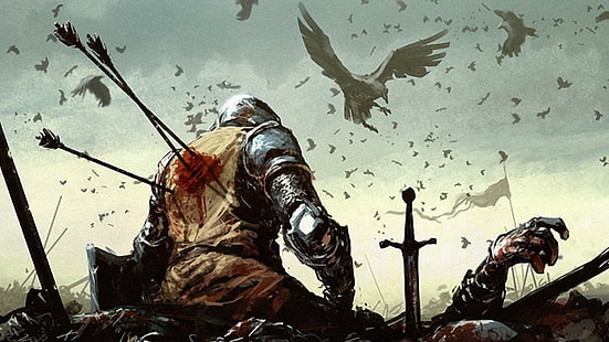 Morrendo guerreiro, sangue, espadas, corvo, corvo, sangrar, flechas, cavaleiro, guerreiro, morte, armadura de cavaleiro, asas, morto, escudo, HD papel de parede HD wallpaper