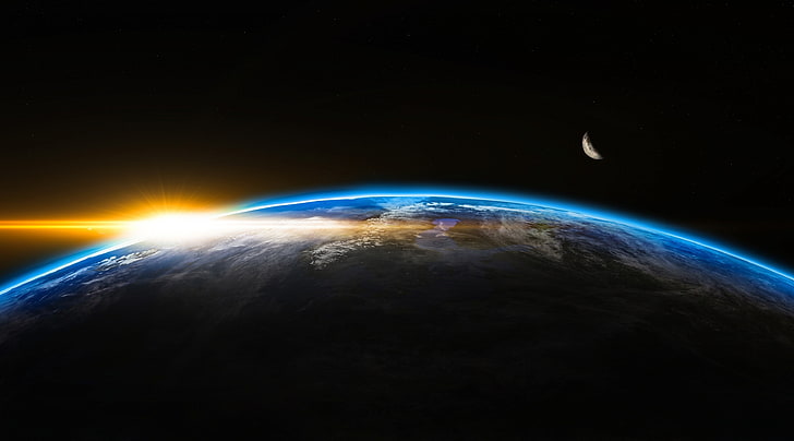 Sunrise from Space, view of Earth, Space, Sunrise, Planet, Above, Earth, Black, Sunshine, World, Globe, Stars, Life, Creation, Cosmos, Create, Beginning, Horizon, Flare, Sunlight, Beam, Outer, Stratosphere, atmosphere, Hope, 3dEarth, HD wallpaper