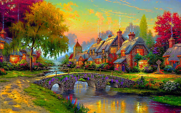 bridge, painting, house, colorful, bridge, painting, house, colorful, HD wallpaper