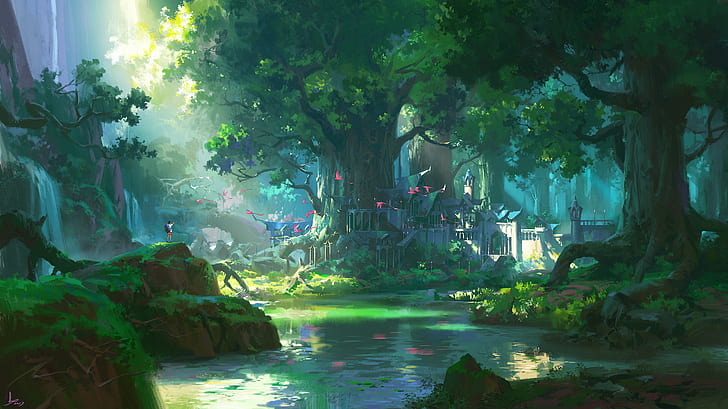 illustration, landscape, castle, forest, lagoon, plants, drawing, Ling Xiang, HD wallpaper