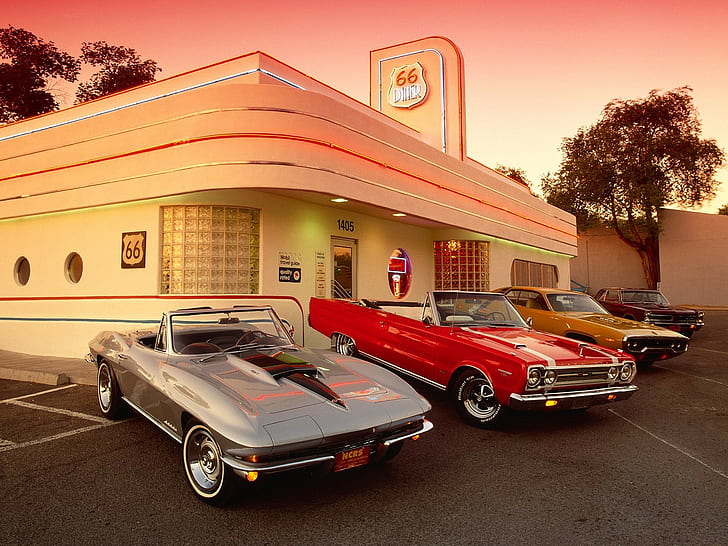 Diner Restaurant Classic Car Classic Chevrolet Corvette GTO Pontiac Plymouth HD, four assorted cars, cars, car, classic, chevrolet, corvette, pontiac, plymouth, gto, restaurant, diner, HD wallpaper