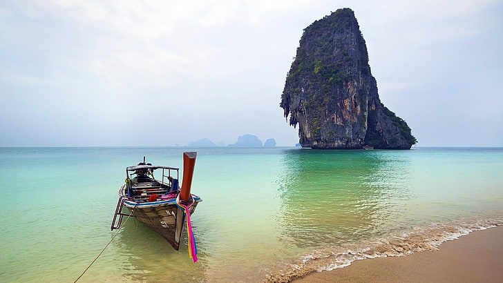 海、水域、タイ、海岸、水、島、海、ビーチ、空、海岸、休暇、島、ボート、穏やかな、観光、石灰岩、 HDデスクトップの壁紙