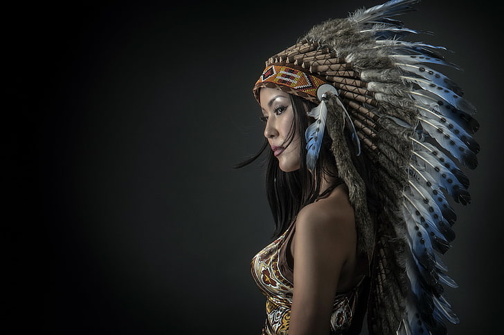 native american hat, girl, apache, costume, HD wallpaper