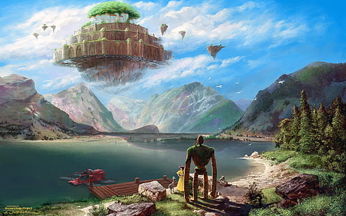 floating island illustration, artwork, digital art, Castle in the Sky, Studio Ghibli, Laputa, HD wallpaper HD wallpaper