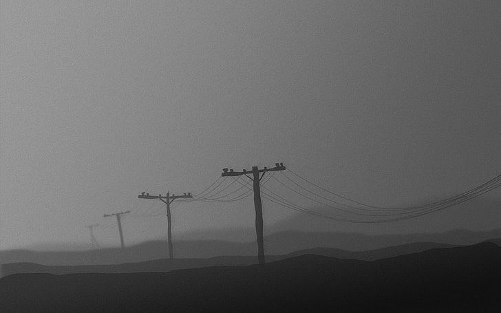 czarne słupy elektryczne, mgła, minimalizm, Tapety HD