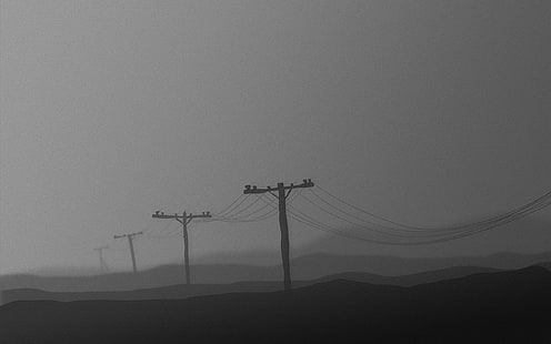 czarne słupy elektryczne, mgła, minimalizm, Tapety HD HD wallpaper