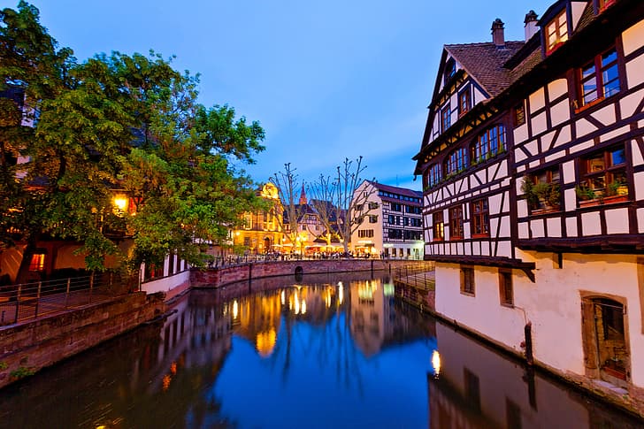 kota, sungai, Prancis, rumah, malam, penerangan, Strasbourg, kotamadya, Wallpaper HD