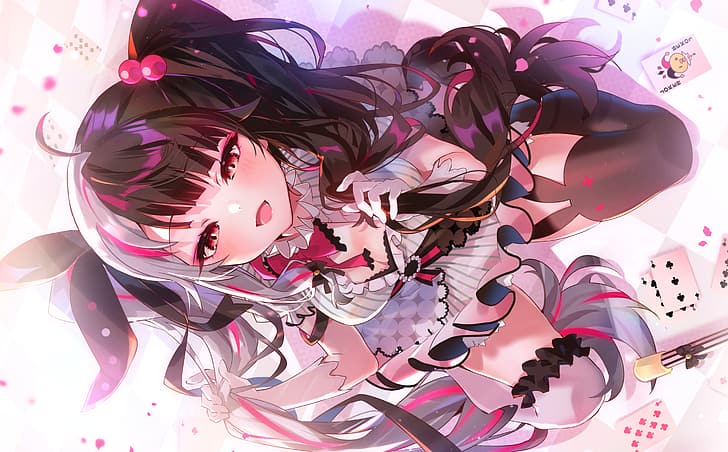 Yorumi Rena, black hair, blush, bow, cleavage, elbow gloves, long hair, red eyes, ribbons, thighs, twintails, HD wallpaper