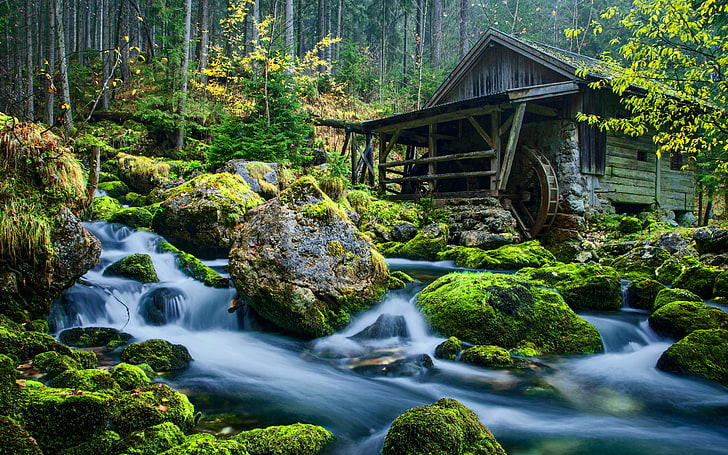 Salzburg Austria historyczny młyn w Gollinger Wasserfall Piękna tapeta HD 5200 × 3250, Tapety HD
