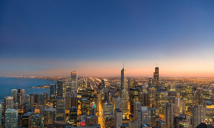 Chicago, evening, city, city buildings during sunset, Chicago, evening, city, panoramma, lights, HD wallpaper