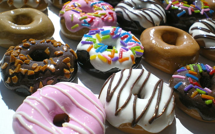 Glasierte donuts, verschiedene donuts lot, fotografie, 1920x1200, lebensmittel, donut, dessert, glasur, streuen, donut, HD-Hintergrundbild