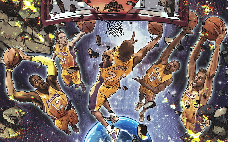 Los Angeles Lakers digital wallpaper, Figure, The ball, Team, Stones, Earth, Basketball, Ring, Lakers, Players, Roger Space, HD wallpaper