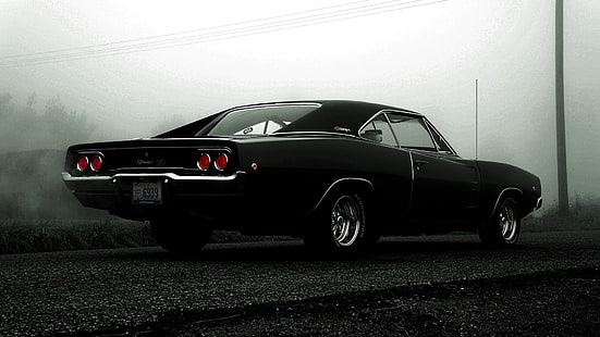 black coupe, mobil, Charger Dodge, Dodge, Charger Dodge R / T, Charger Dodge R / T 1968, jalan, mobil otot, Wallpaper HD HD wallpaper