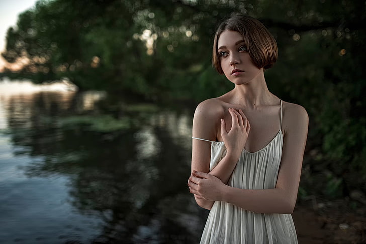 Frauen weißes Hemdkleid, Modell, Frauen, Frauen im Freien, dünn, Georgy Chernyadyev, Olya Pushkina, Brustwarzen durch die Kleidung, HD-Hintergrundbild