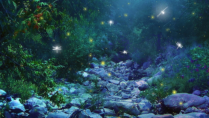 green trees, art, fantasy, firefly, forest, glow, insects, lights, magic, nature, night, trees, woods, HD wallpaper