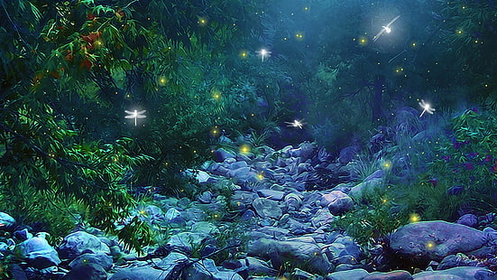 arbres verts, art, fantaisie, luciole, forêt, lueur, insectes, lumières, magie, nature, nuit, arbres, bois, Fond d'écran HD HD wallpaper