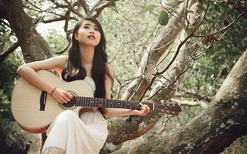 Vestido branco menina, asiático, guitarra, Branco, vestido, menina, asiático, guitarra, HD papel de parede HD wallpaper