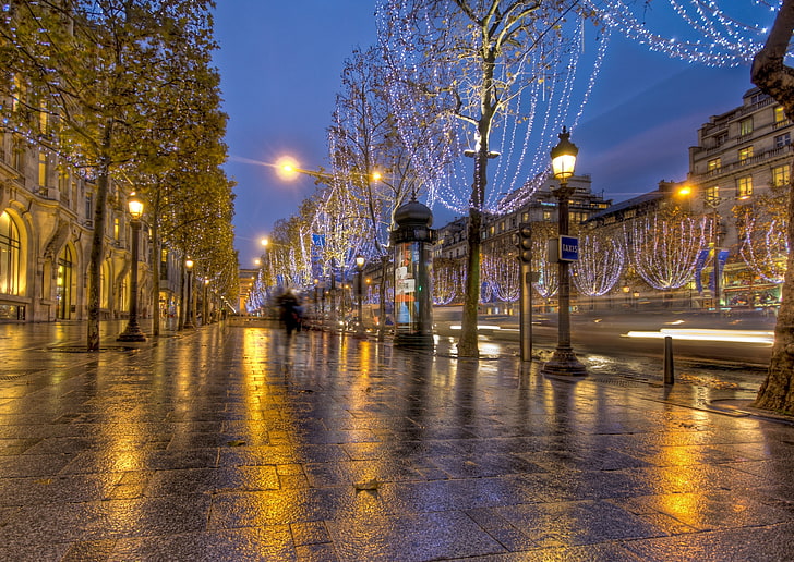 сив фонарен стълб, Франция, Париж, път, светлини, улица, hdr, HD тапет