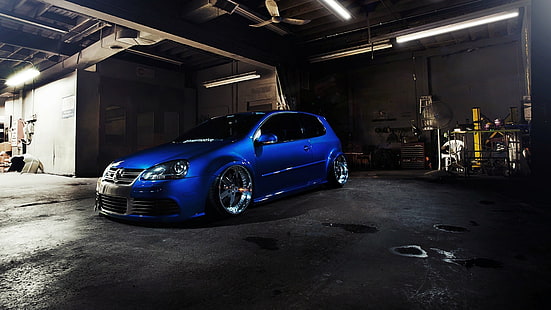Stance, Volkswagen, golf v, bil, tuning, Golf GTI, r32, blå bilar, HD tapet HD wallpaper