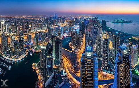 Städer, Dubai, Antenn, Byggnad, Stad, Stadsbild, Natt, Skyskrapa, Förenade Arabemiraten, HD tapet HD wallpaper
