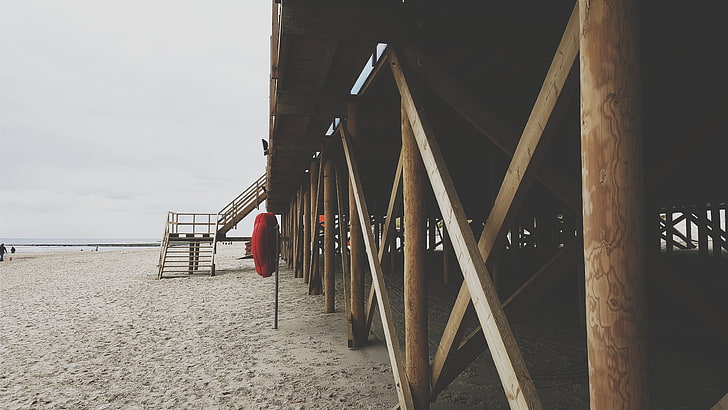 коричневый деревянный пляж док, пейзаж, камера телефона, HD обои