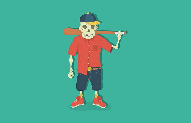 Cráneo con ilustración de bate de béisbol, minimalismo, Fondo de pantalla HD