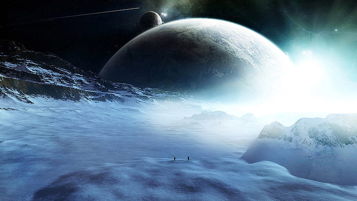 Sci Fi, Planet Rise, Atmosphere, Blue, Ice, Planet, Snow, Space, Stars, Travelers (TV Show), HD wallpaper
