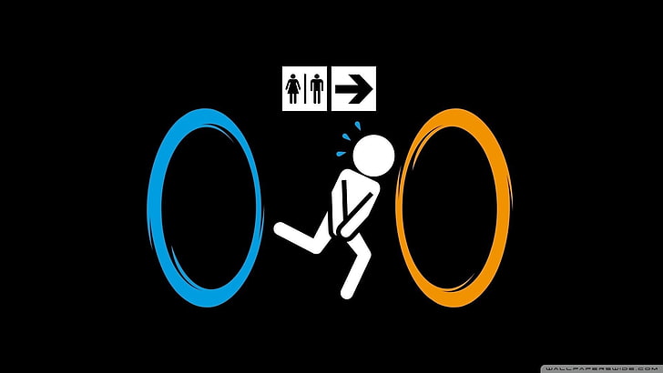 sinalização de banheiro, Portal (jogo), humor, fundo simples, fundo preto, minimalismo, videogame, Válvula, Portal 2, memes, HD papel de parede