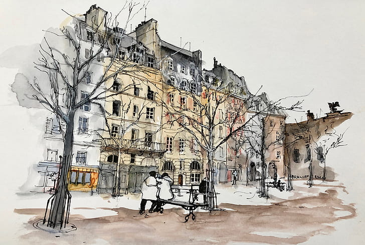 figure, Paris, watercolor, square, the urban landscape, HD wallpaper