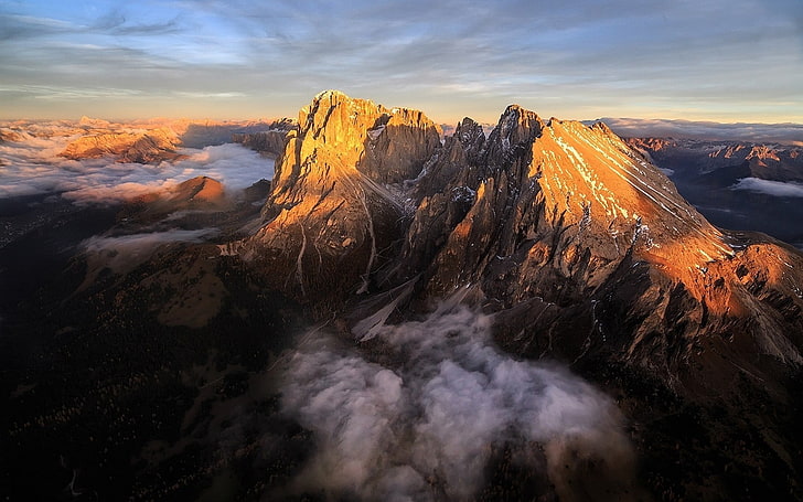 gunung abu-abu, pemandangan, alam, pegunungan, Pegunungan Alpen, Dolomit (pegunungan), Italia, pemandangan udara, awan, Wallpaper HD