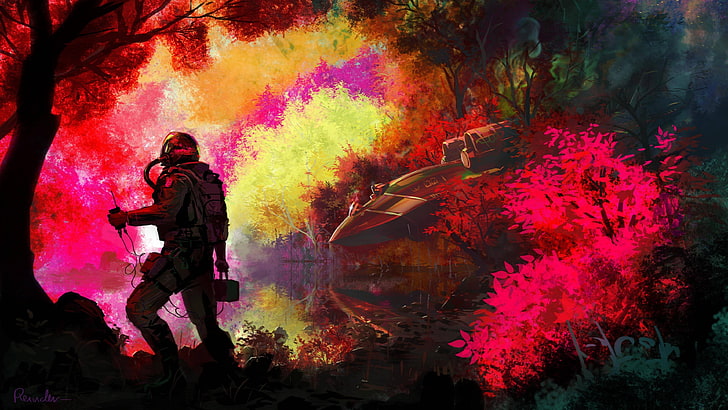 astronaut painting, astronaut, spaceship, lake, colorful, reflection, military aircraft, trees, artwork, fantasy art, spacesuit, aliens, planet, forest, science fiction, photo manipulation, crash, pilot, HD wallpaper