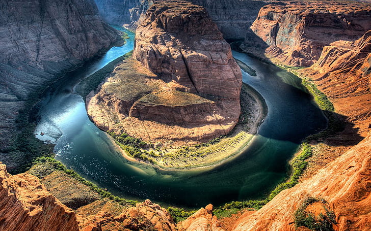 river, mountains, canyon, water, landscape, nature, USA, Horseshoe Bend, HD wallpaper
