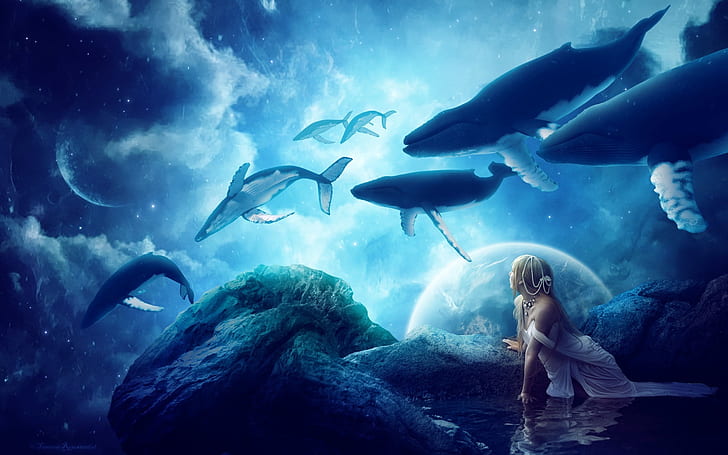 Creative pictures, whales, dream world, fantasy, girl, Creative, Pictures, Whales, Dream, World, Fantasy, Girl, HD wallpaper