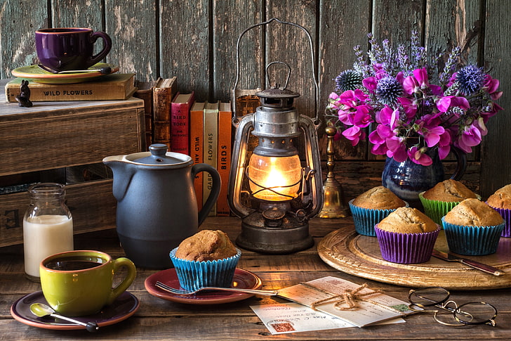 gray gas lantern and assorted-color cupcakes digital wallpaper, flowers, books, coffee, bouquet, kettle, glasses, lantern, bell, cupcakes, letters, HD wallpaper