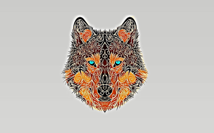 ilustracja twarzy brązowo-czarnego lisa, wilk, minimalizm, turkusowe oczy, Tapety HD