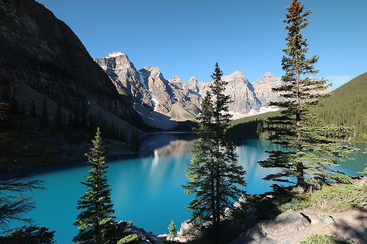 body of water near mountain ranges during daytime, moraine lake, canada, moraine lake, canada, Moraine Lake, Alberta, Canada, body of water, mountain, ranges, daytime, Moraine  Lake, nature, lake, scenics, landscape, outdoors, banff National Park, reflection, water, mountain Range, HD wallpaper