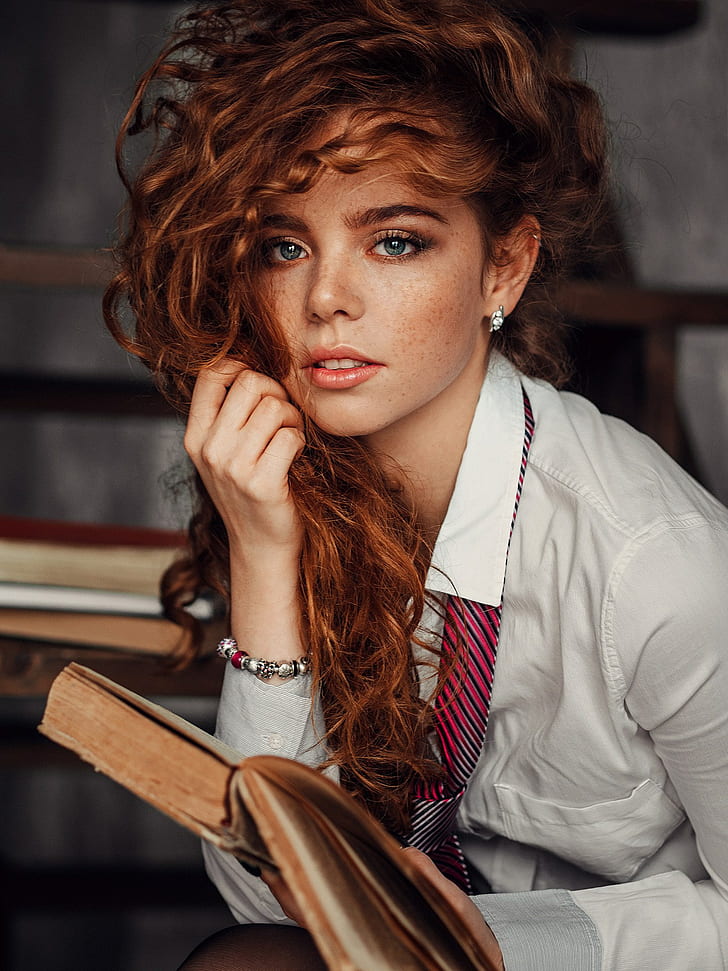 books, Evgeny Freyer, redhead, women, portrait, model, HD wallpaper