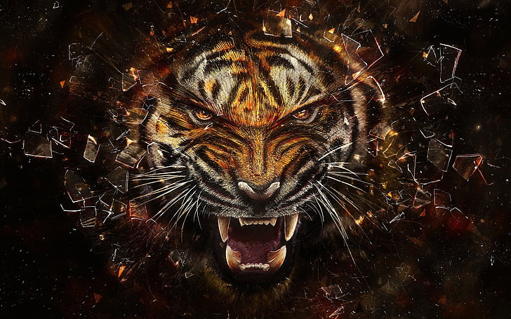 ilustrasi harimau oranye, ilustrasi harimau, harimau, hewan, seni digital, pecahan kaca, wajah, gigi, kucing besar, gelap, Wallpaper HD