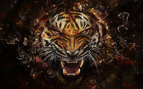 orange tiger illustration, tiger illustration, tiger, animals, digital art, broken glass, face, teeth, big cats, dark, HD wallpaper HD wallpaper