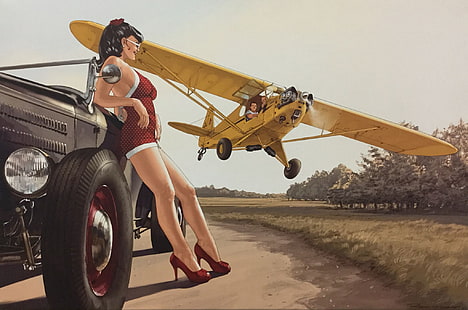  road, girl, figure, hot rod, pin-up, fly by, Piper Cub, HD wallpaper HD wallpaper