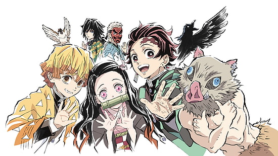 Anime, Demon Slayer: Kimetsu no Yaiba, Giyuu Tomioka, Inosuke Hashibira, Nezuko Kamado, Sakonji Urokodaki, Tanjirou Kamado, Zenitsu Agatsuma, Sfondo HD HD wallpaper